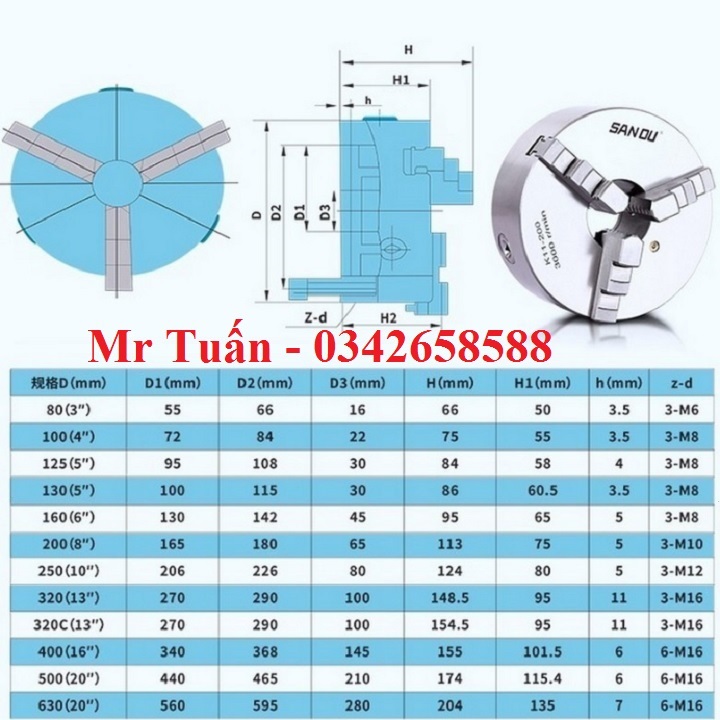 Mâm cặp 3 chấu 100mm model K11-100 Sanou