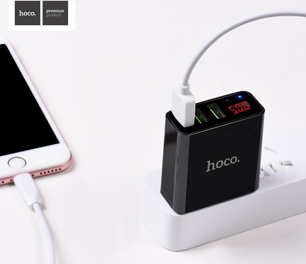 Cốc sạc nhanh Hoco C15 3 cổng USB có đèn led báo dòng