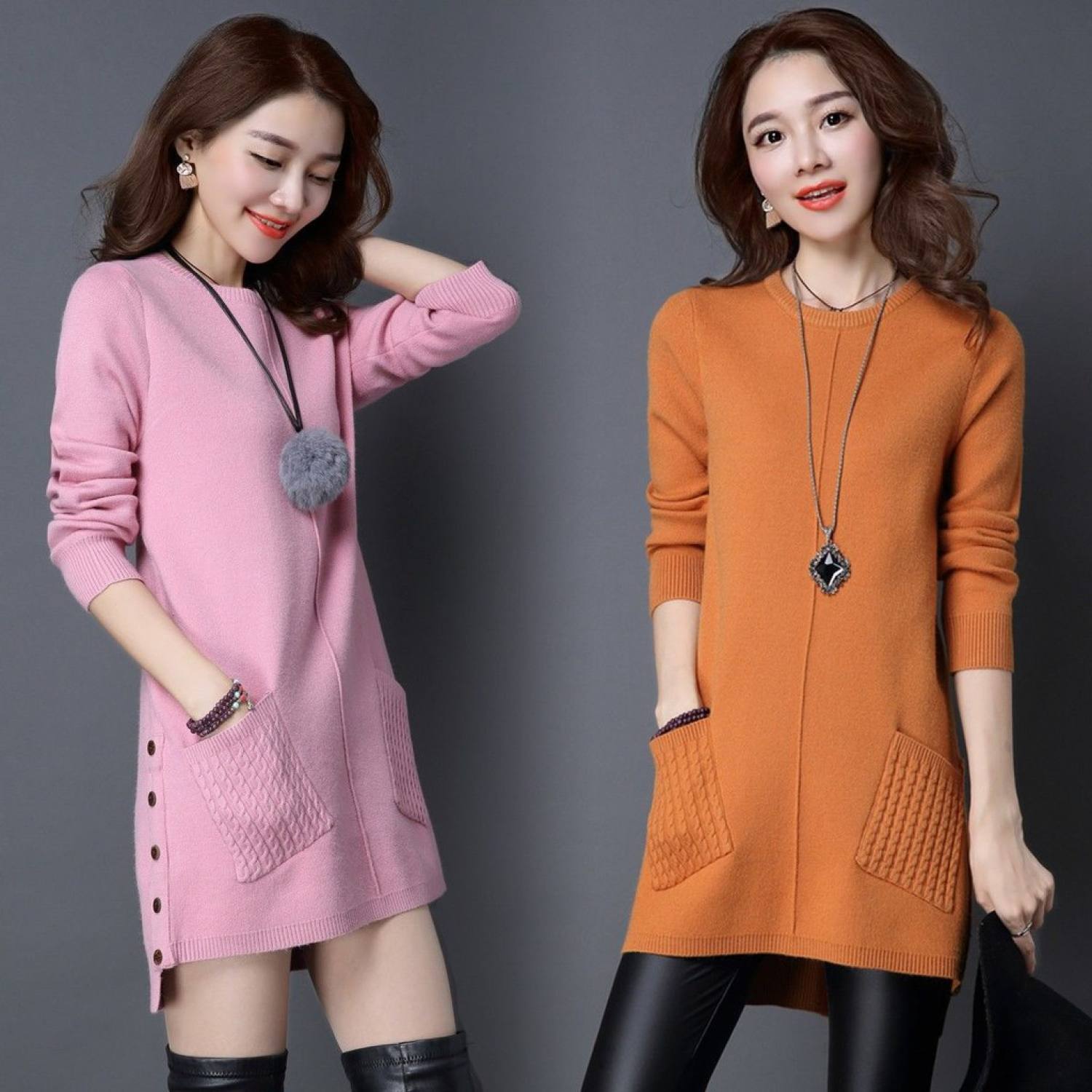 Áo len dáng dài có túi len dệt kim cao cấp (Hàng sẵn)