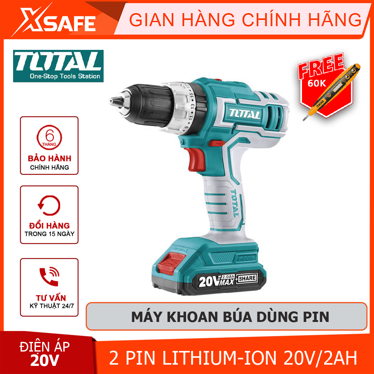 Hammer drill machine battery total TIDLI20031 machine squeeze ốc screw portable multi-purpose use lithium battery 20V have idle speed 0-450/0-1900/min at
