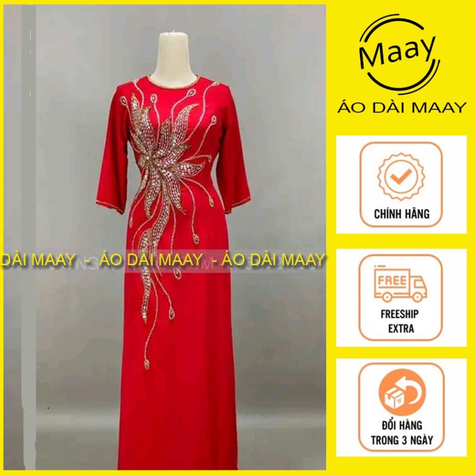 Áo dài trung niên đính kết tặng bà tặng mẹ, áo dài bà sui cổ tròn tay lỡ