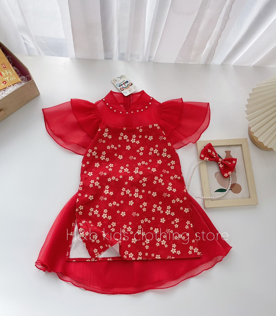 áo dài cách tân hoa hồng lụa đáng yêu cho bé 10-20kg