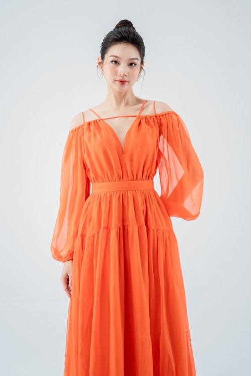 Đầm voan cam trễ vai thời trang SIXDO (Orange Off-shoulder Midi Voile Dress)