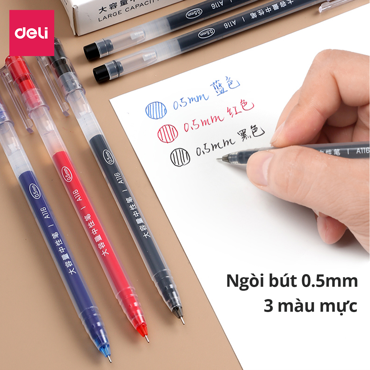 Combo 20 Bút bi nước xanh đỏ đen DELI, Bút gel mực nước ngòi 0.5mm viết chữ đẹp cho học sinh, văn phòng - A116