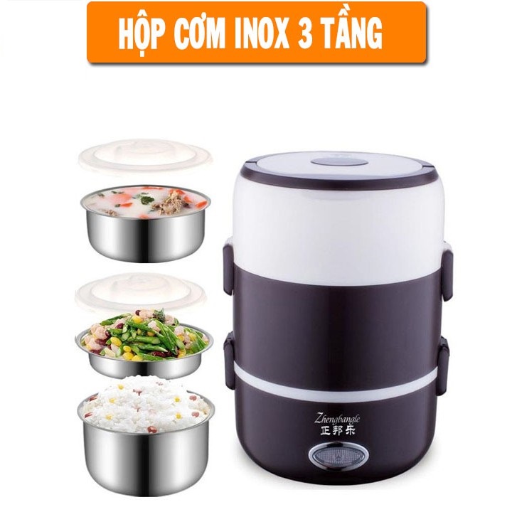 [BẢO HÀNH 1 ĐỔI 1] Hộp cơm điện 3 ngăn hâm nóng cơm và thức ăn tự động vỏ bằng nhựa PP chịu nhiệt, ruột bằng inox 304 cao cấp, Nồi điện mini đa năng nấu cơm, luộc rau, hấp trứng, luộc thịt