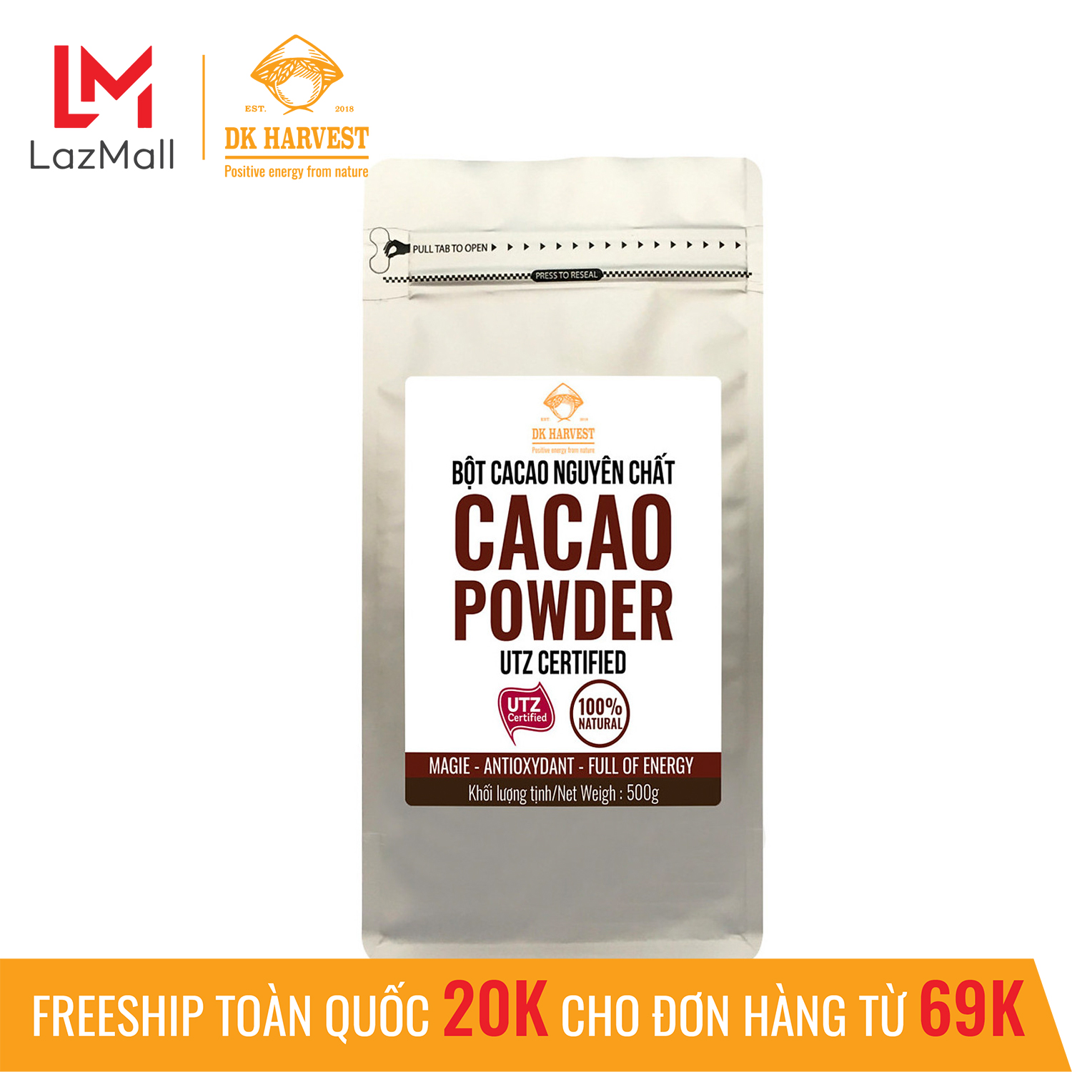 Bột cacao nguyên chất cao cấp DK Harvest - không pha trộn tạp chất , dễ tan