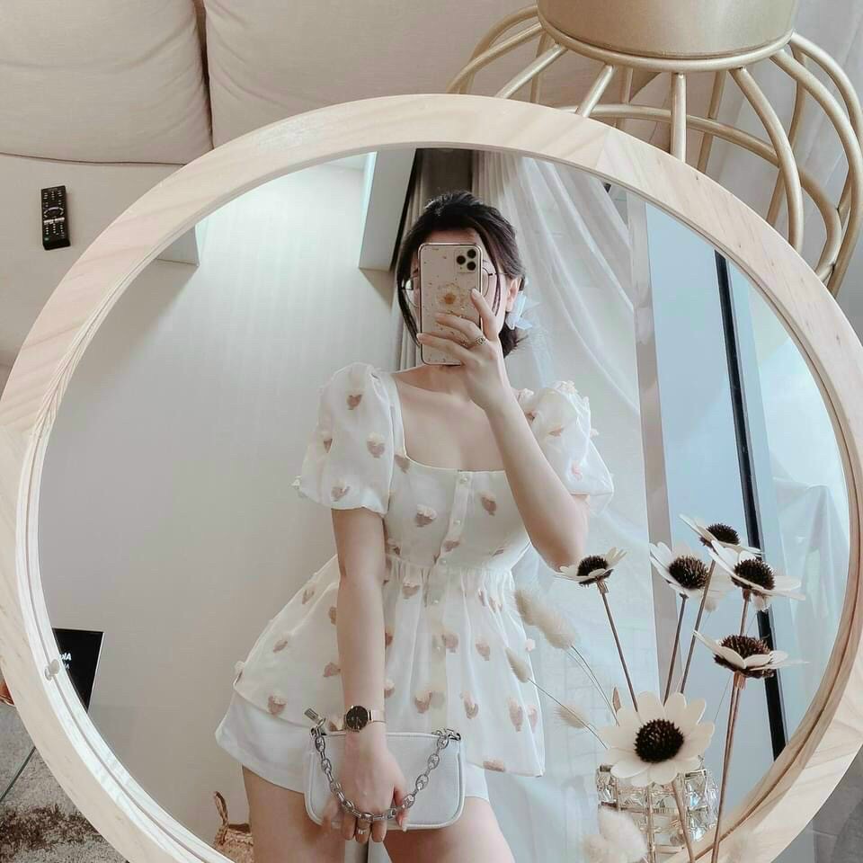 Sét đùi áo lụa in kts cổ vuông kèm quần chéo nhung siêu xinh