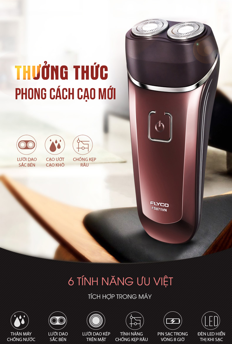 Máy Cạo Râu 2 Lưỡi Chống Nước Flyco FS871VN