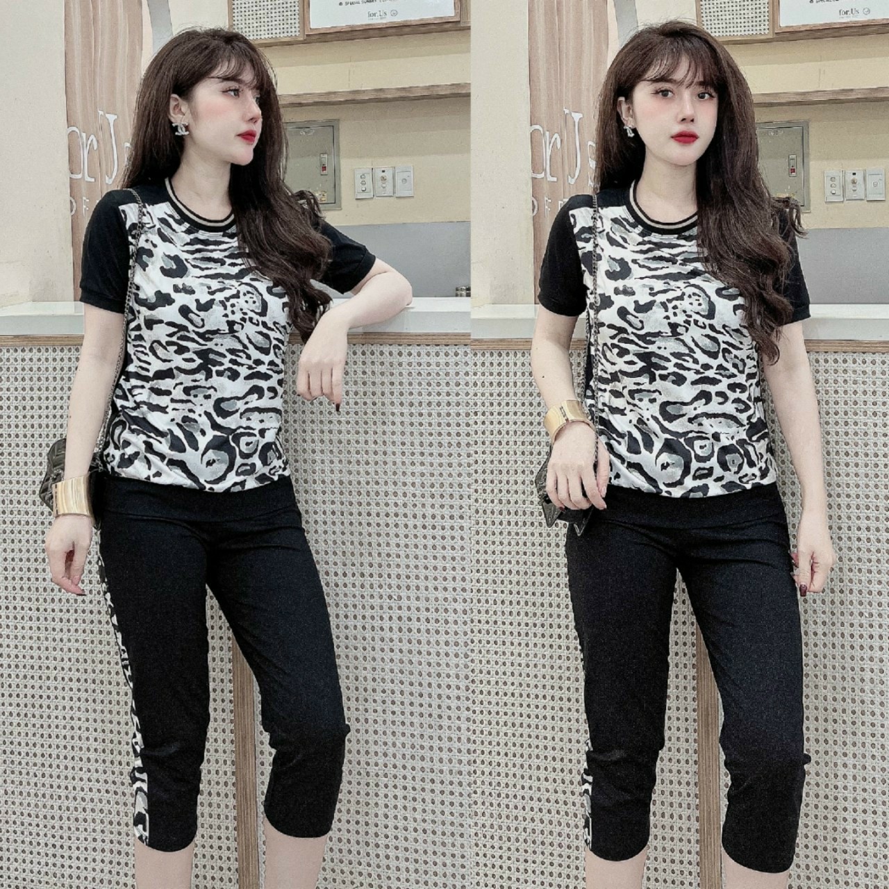 Đồ bộ lửng thun cotton họa tiết da beo (màu nâu, trắng)