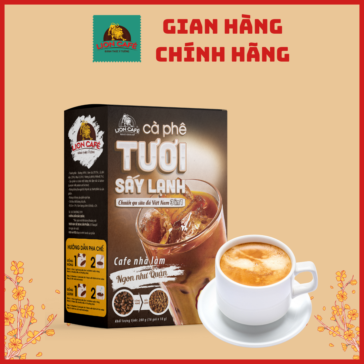 LION CAFE - Cà phê hòa tan 3in1 - Cà phê TƯƠI Sấy Lạnh - Gu Nhà Làm - Hộp 288g (16 gói x 18g)