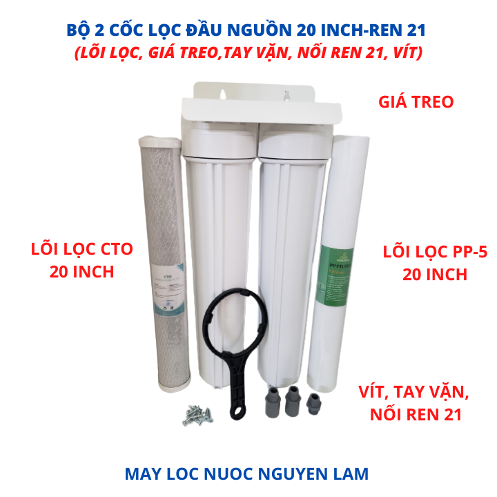 (HCM) Bộ 2 Cốc Lọc Đầu Nguồn Ren 21-(2 Cốc Lọc Ren 21, 2 Lõi Lọc, Giá Treo, Tay Vặn, Nối Ren 21, Vít)