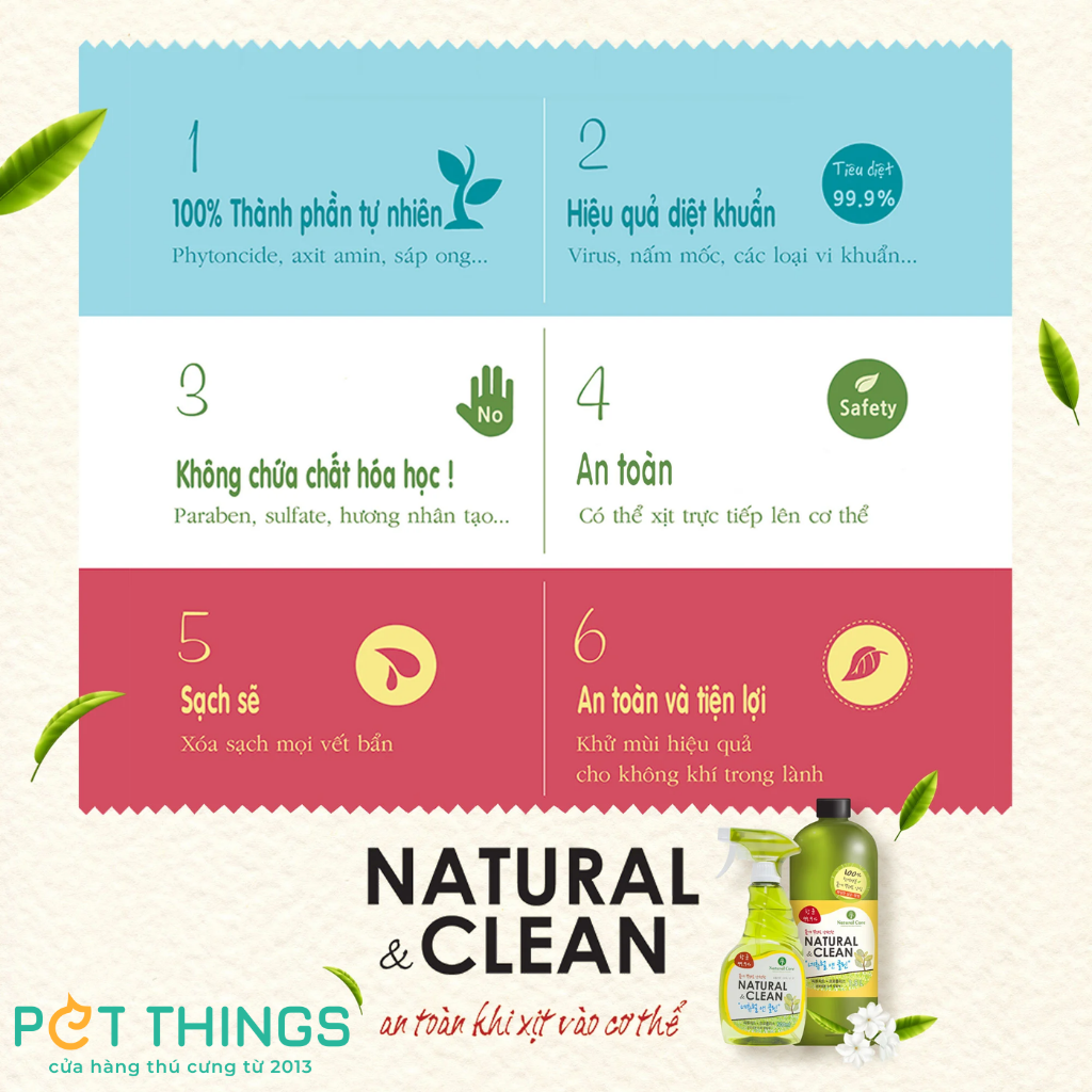 Xịt Khử Mùi Diệt Khuẩn Natural & Clean 500ml / 1.5L Cho Thú Cưng