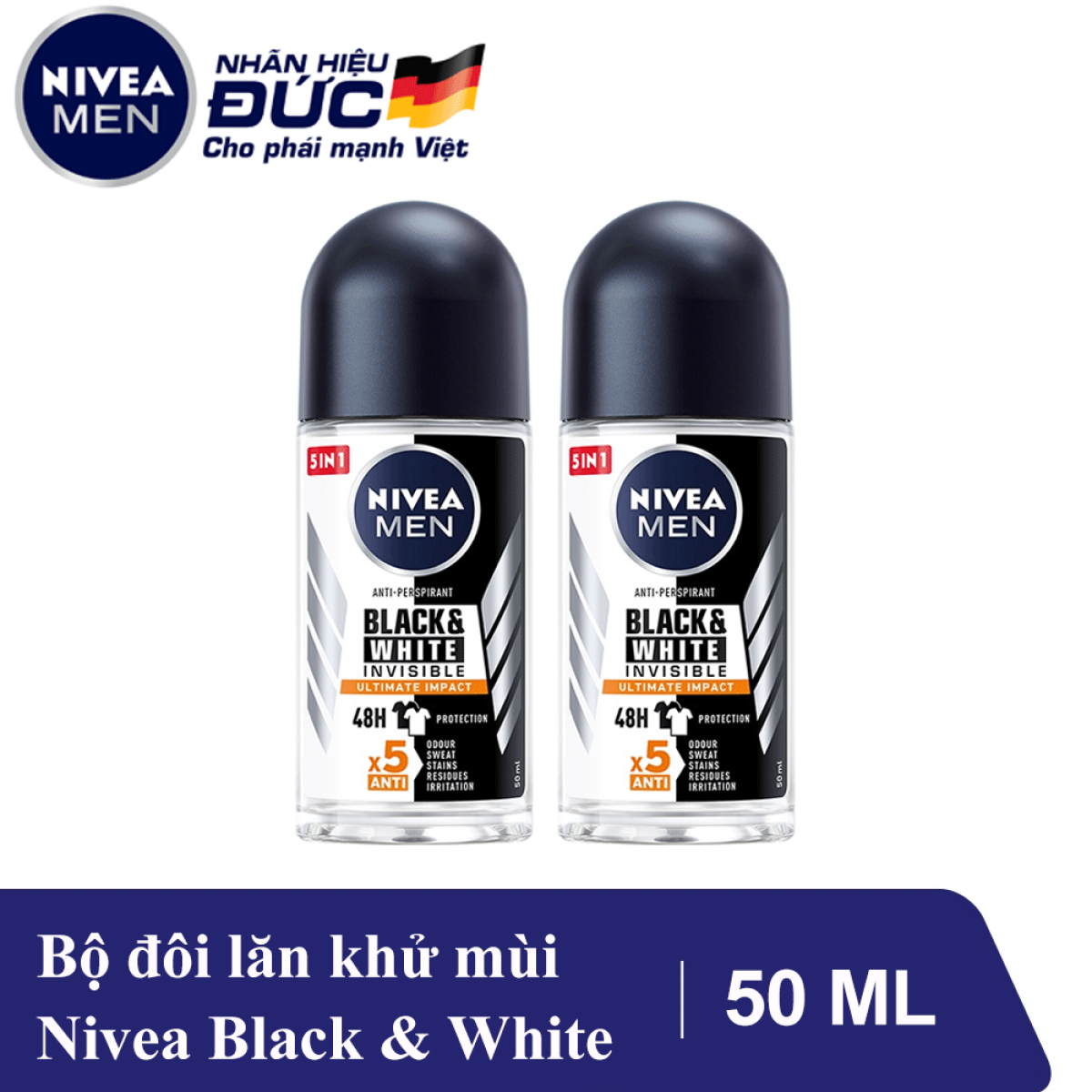 Combo 2 Lăn Ngăn Mùi Giảm Hình Thành Vệt Ố Vàng Trên Quần Áo Nivea Men Invisible For Black And White 50ml