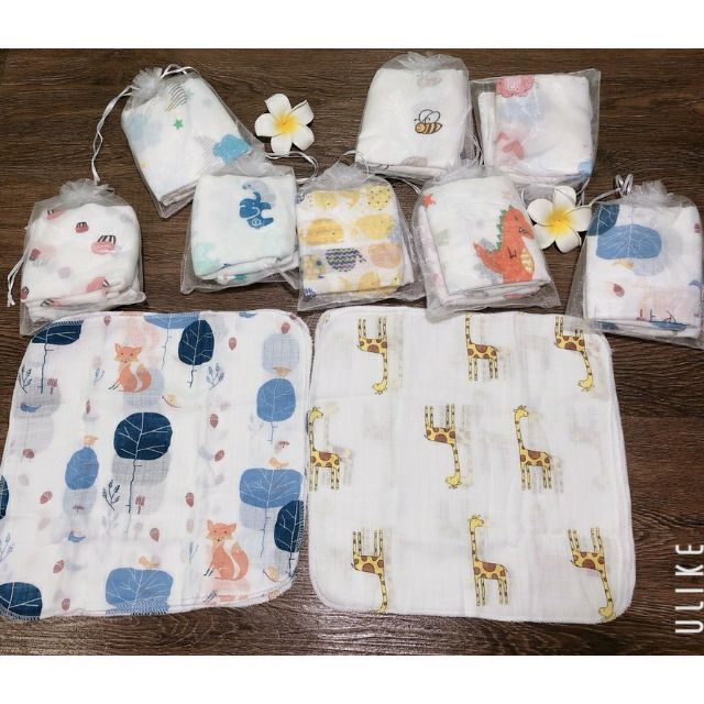 Set 10 chiếc khăn sữa aden sợi tre kèm túi lưới, đồ dùng cho bé, an toàn cho bé, dụng cụ vê sinh cho bé