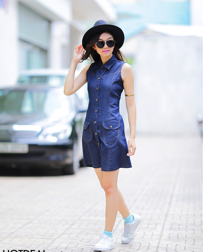 ĐẦM JEAN CỔ SƠ MI PHỐI TÚI D7930