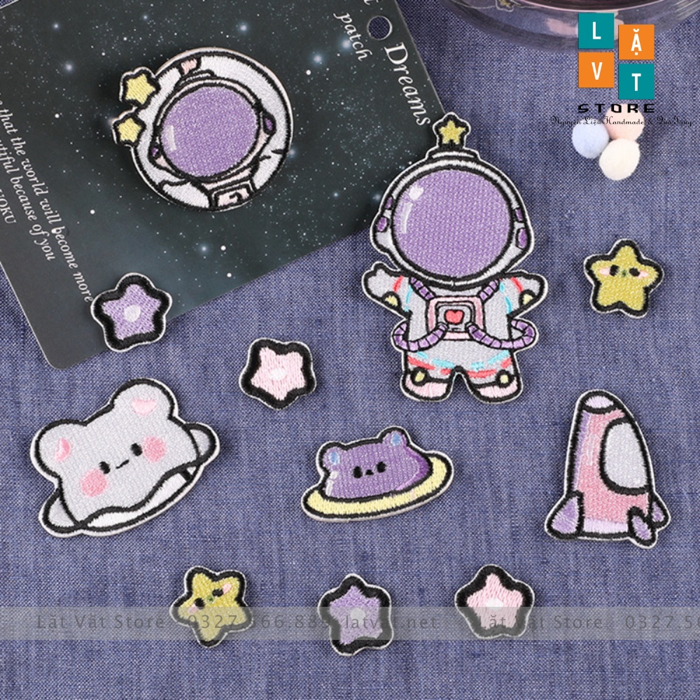 Bộ 8 Miếng Patch ủi quần áo, sticker dán chủ đề Vũ Trụ Tím, trang trí đồ dùng, tạo cá tính riêng, vá vết thủng quần áo