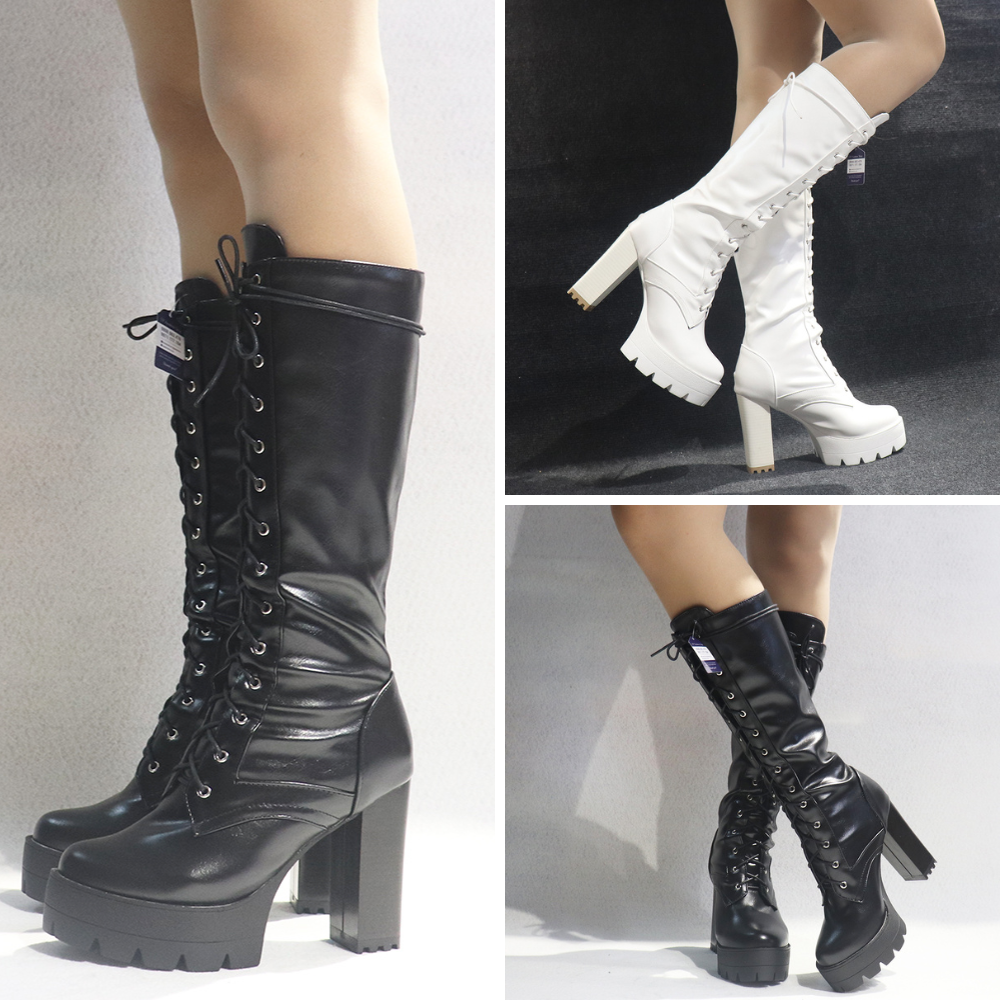 [ 2 màu ĐEN/ TRẮNG] Giày COMBAT boot CỘT DÂY dưới gối gót vuông 12cm GCC127