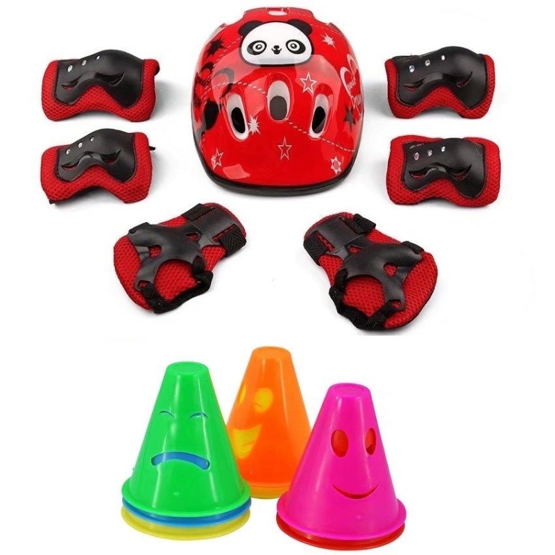 Mua 7pcs Kid Cartoon Panda Helmet Protective Elbow Wrist Knee Pads(Red)+20pcs Emoji Soft Skating Piles Windproof Obstacle Cups(Random Color) For Sport Cycling Skateboard Roller Skating Skill Training Competition Safety Set - intl