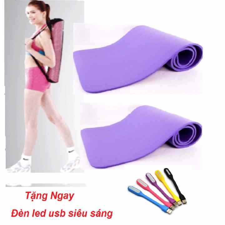 Thảm tập Yoga siêu bền loại dày 10mm TPE (Tím) có túi đựng + Tặng đèn led _Hàng nhập khẩu