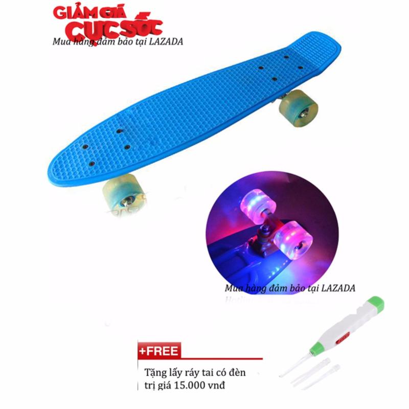 Ván trượt Skateboard thép nguyên khối Bánh 3 lớp có đèn led -Ván trượt siêu hạng đường phố- Ván trượt thể thao gg24 chịu tải 100kg + Free lấy ráy tai có đèn (Xanh)