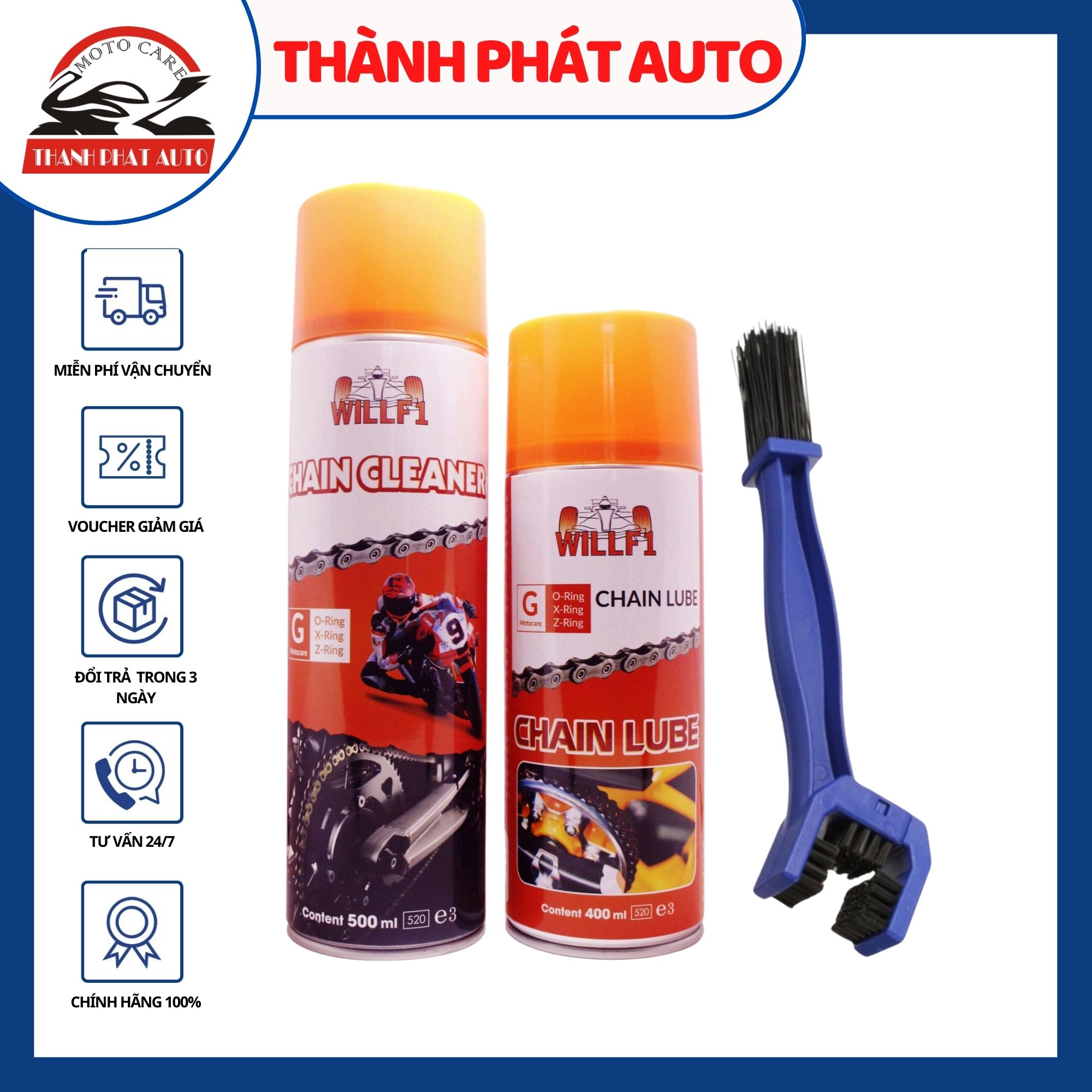[HCM]Combo rửa sên WillF1 Chain Cleaner 500ml Dưỡng sên WillF1 Chain Lube 400ml Tặng kèm bàn chải vệ sinh sên 3D