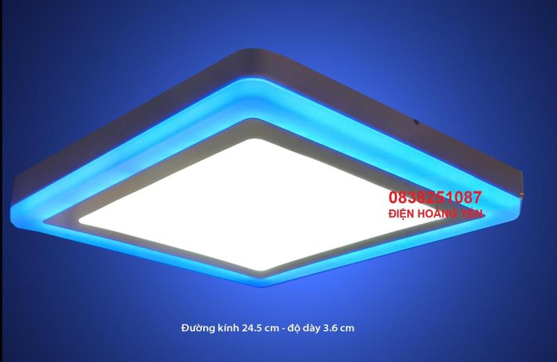 Đèn led ốp trần 24w vuông 2 màu 3 chế độ trắng xanh. Chất liệu: vỏ nhôm sơn tĩnh điện Ánh sáng: trắng - viền xanh dương Kiểu đèn vuông thây đổi màu theo công tắc chính. ( mỗi lần bật tắc)