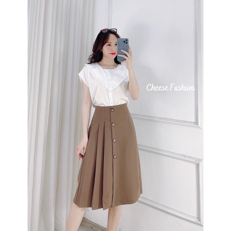 Chân váy xếp ly dáng dài 4 khuy siêu hot
