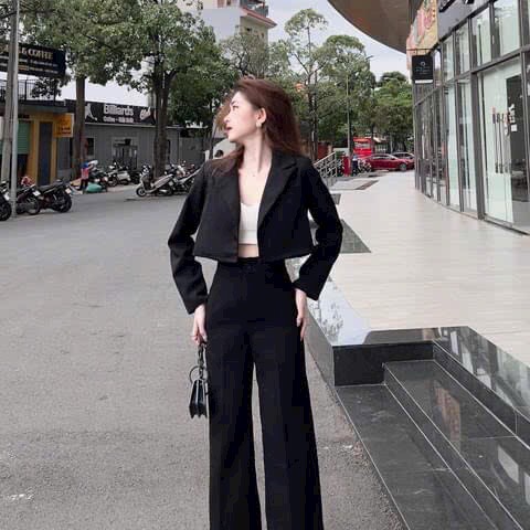 Set áo và quần ống rộng cổ vest tay dài thanh lịch kèm áo trong