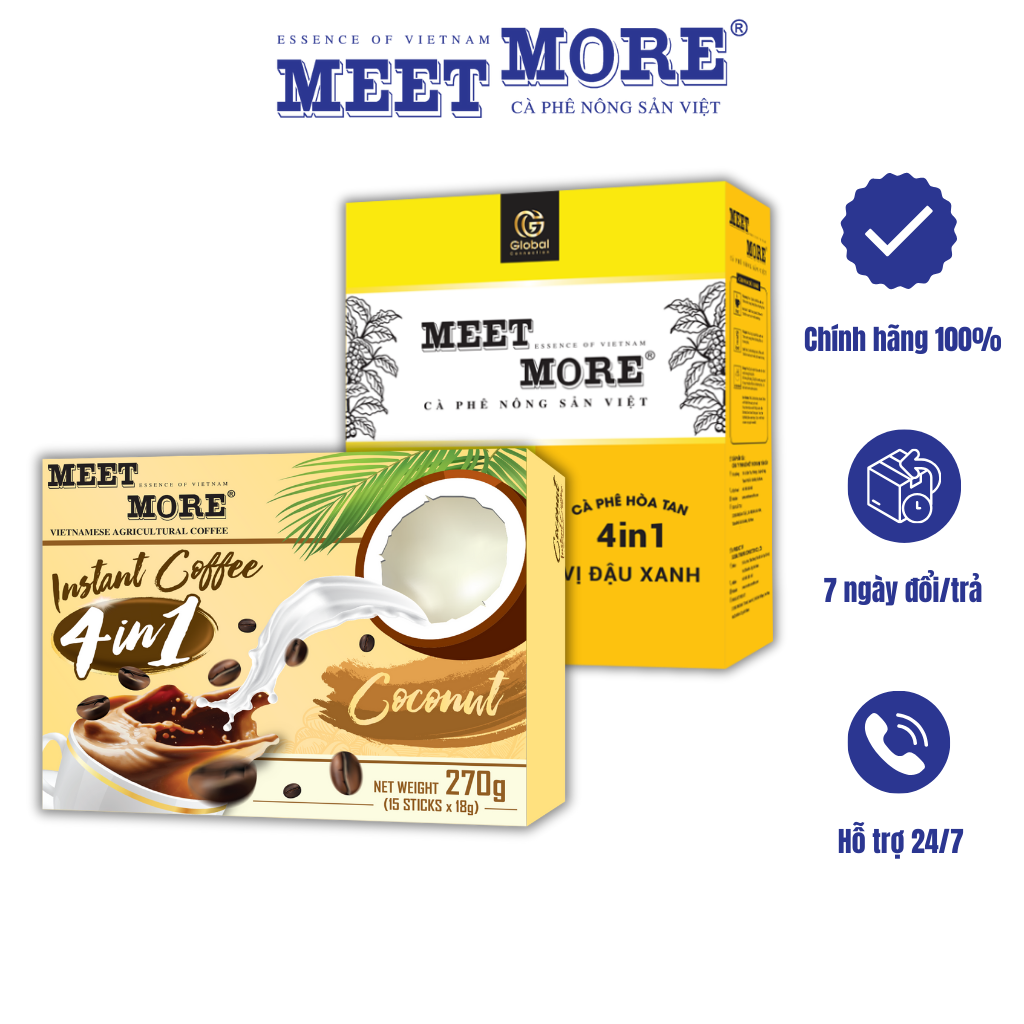 Combo 2 Hộp Cà phê Hòa Tan Dừa Và Đậu Xanh Meet More (15 Gói/18Gram/Hộp) - Cà phê Nông Sản Việt