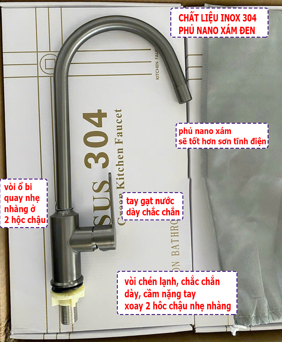 Vòi ổ bi bao không lỏng cần vòi rửa chén bát lạnh đồng thau phủ nano xám N5015 Fotar vòi to nặng dày chắc chắn, vòi chén lạnh xám
