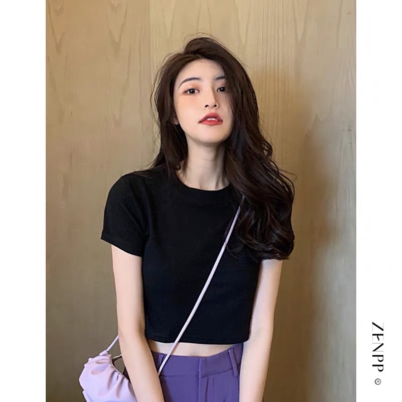 Áo thun cổ tròn croptop tay ngắn basic 5 màu cho nữ