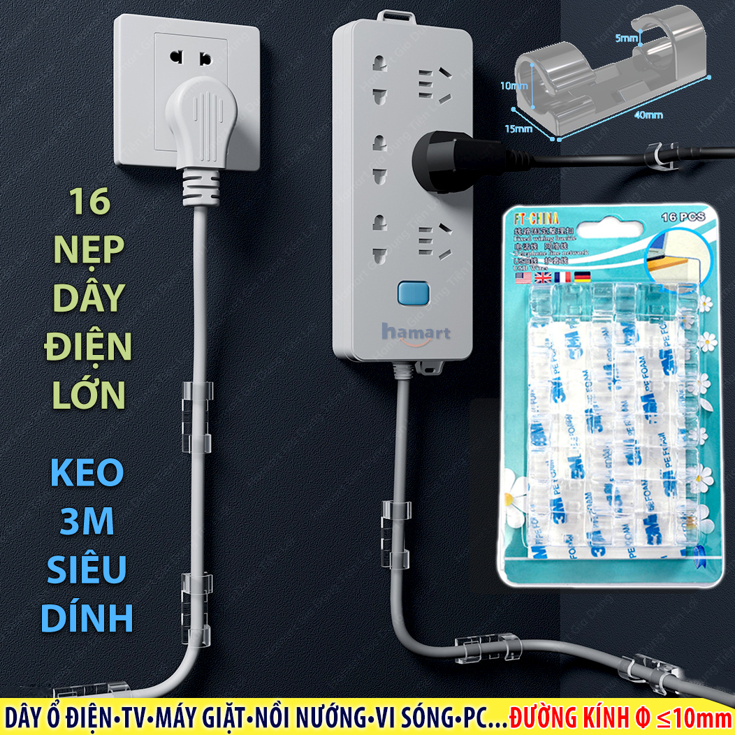 Vỉ 20 Nẹp Dây Điện LỚN Dán Tường Móc Treo Kẹp Cố Định Dây Cáp Thiết Bị Lớn TV Tủ Lạnh Ổ Cắm Điện