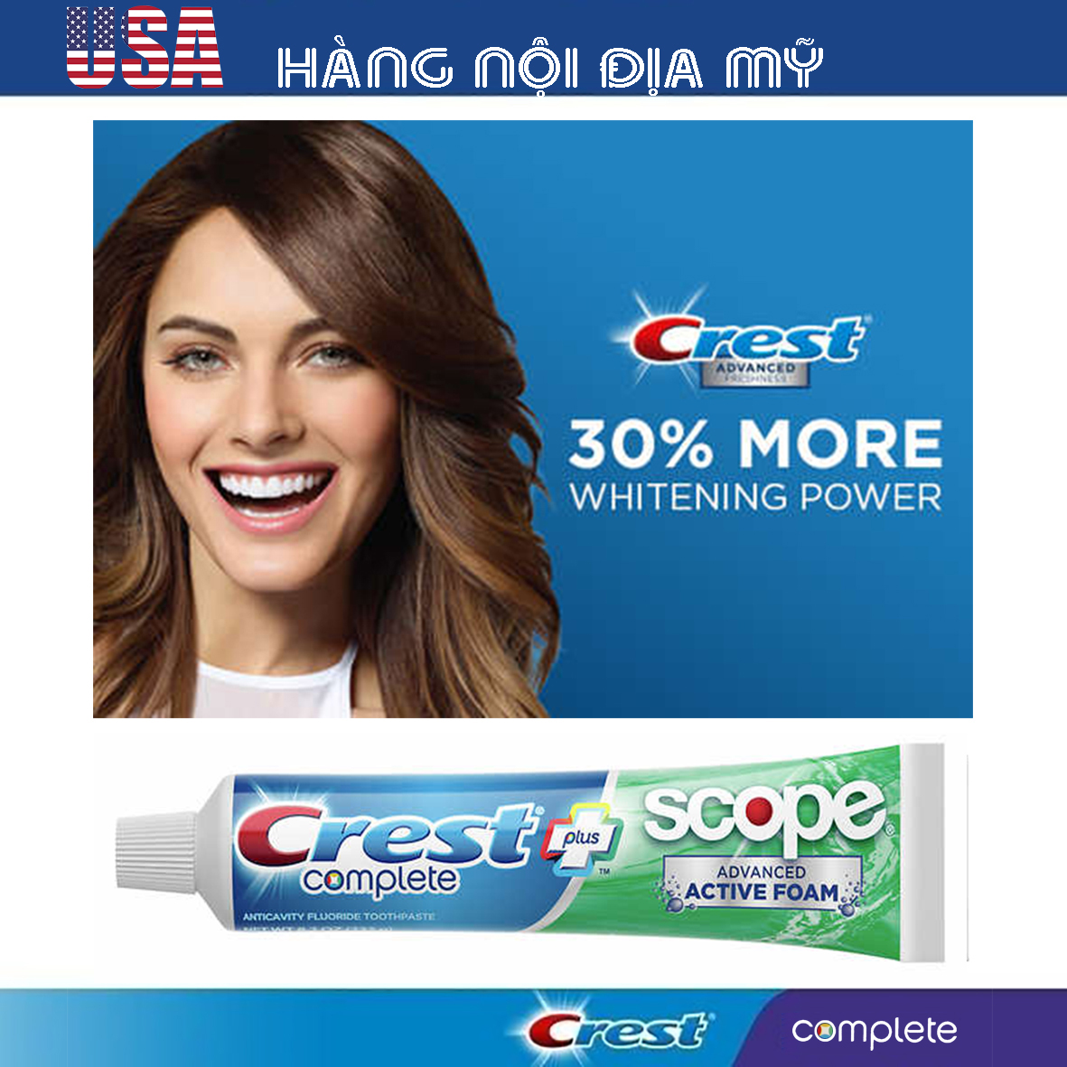 Kem đánh răng Crest Complete + Scope Advanced Active Foam 232g [HÀNG LOẠI 1, CAM KẾT KHÔNG GIẢ, HÀNG NỘI ĐỊA MỸ]