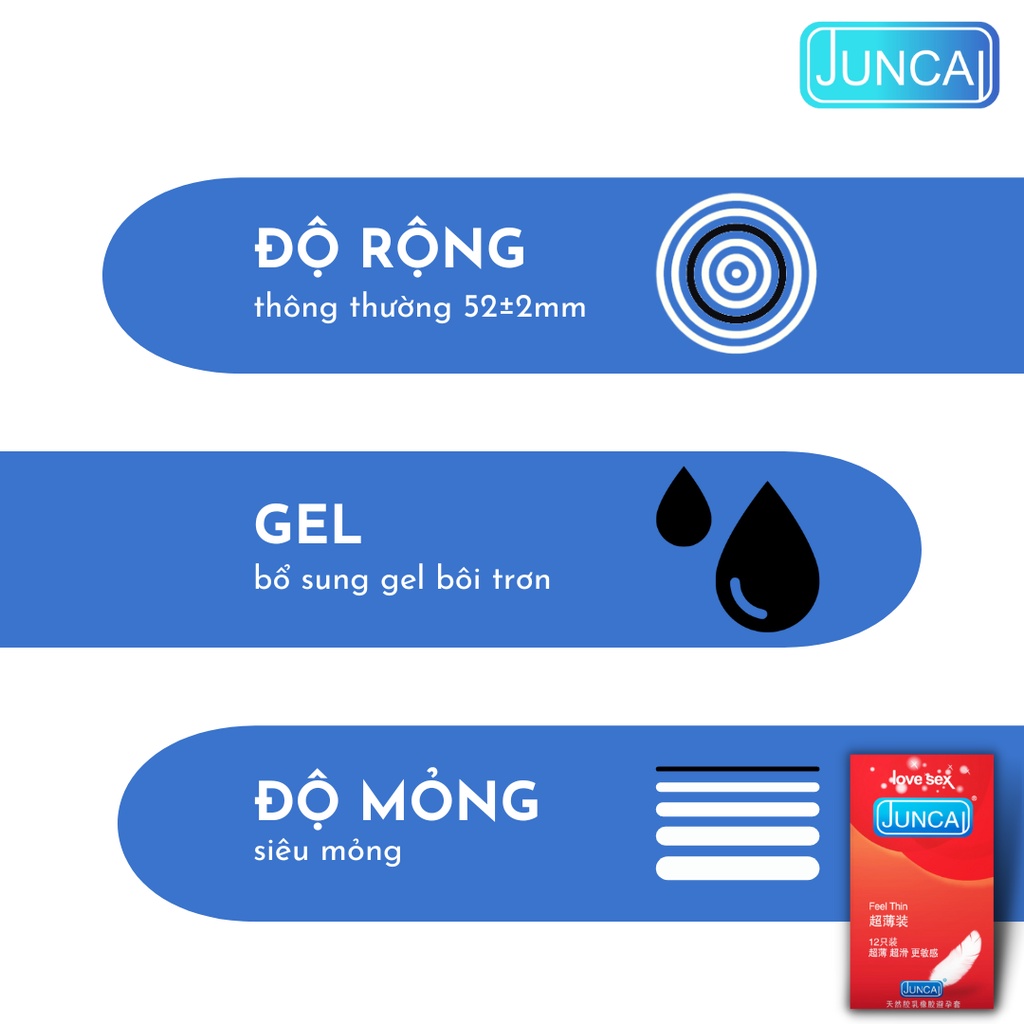 Bao Cao Su Juncai Feel Thin Siêu Mỏng, Nhiều Gel Bôi Trơn ( Hộp 12 Chiếc)