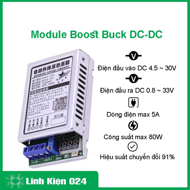 Module boost buck dc-dc vin 4.5v-30vdc vout 0.8v-33vdc 5a 80w, điều chỉnh điện áp dc , hiển thị điện áp đầu ra rất chính xác