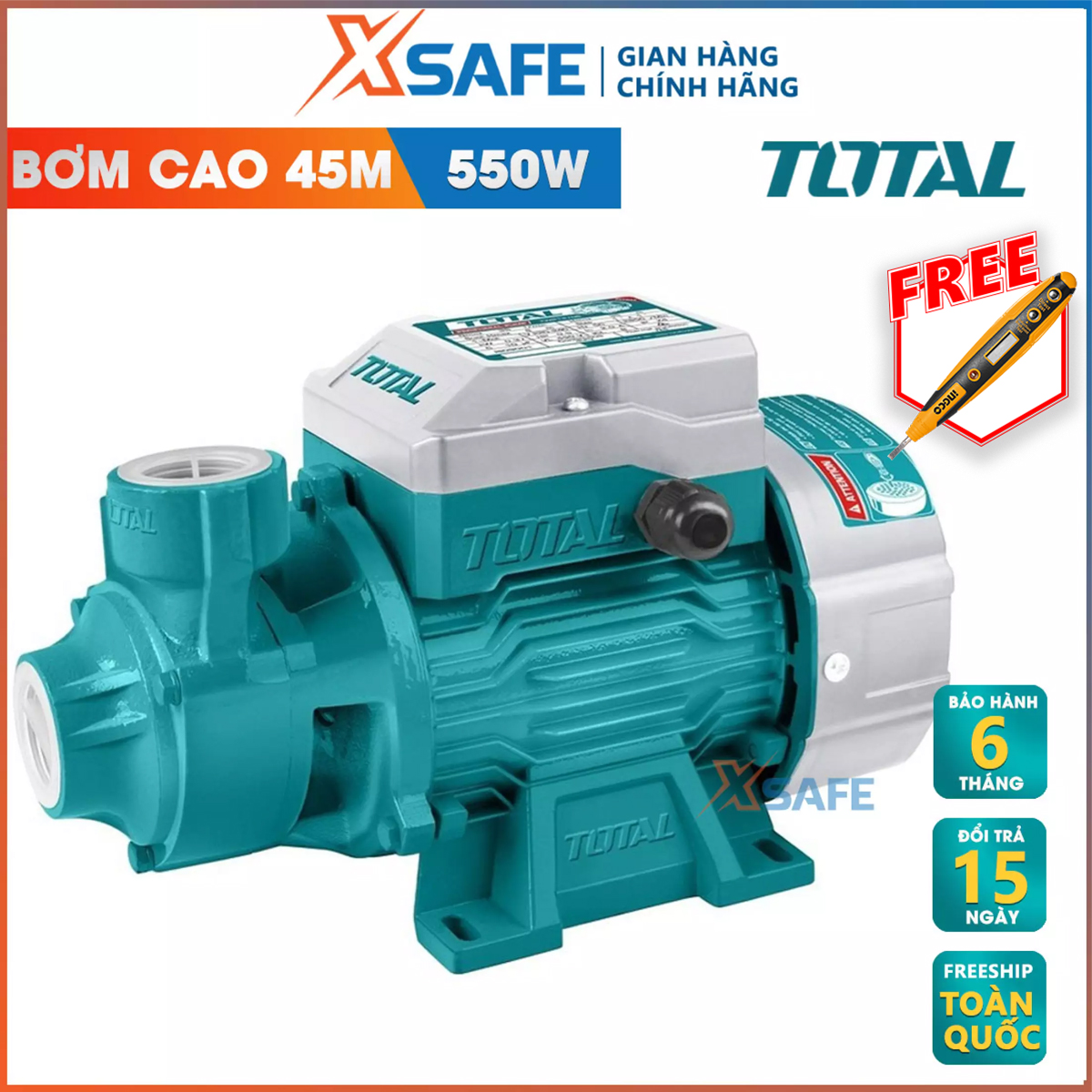 Water pump 550W total TWP15506 motor copper wire. Water pump total maximum pumping height 45m, the maximum flow 45 l/min, độ worms maximum 8m, genuine warranty 6 months-distribution genuine xsafe