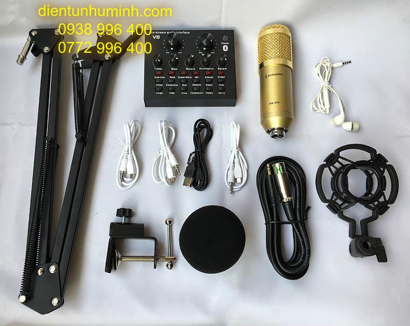 Combo sound card V8 bletooth mic thu âm bm 900 thế hệ mới