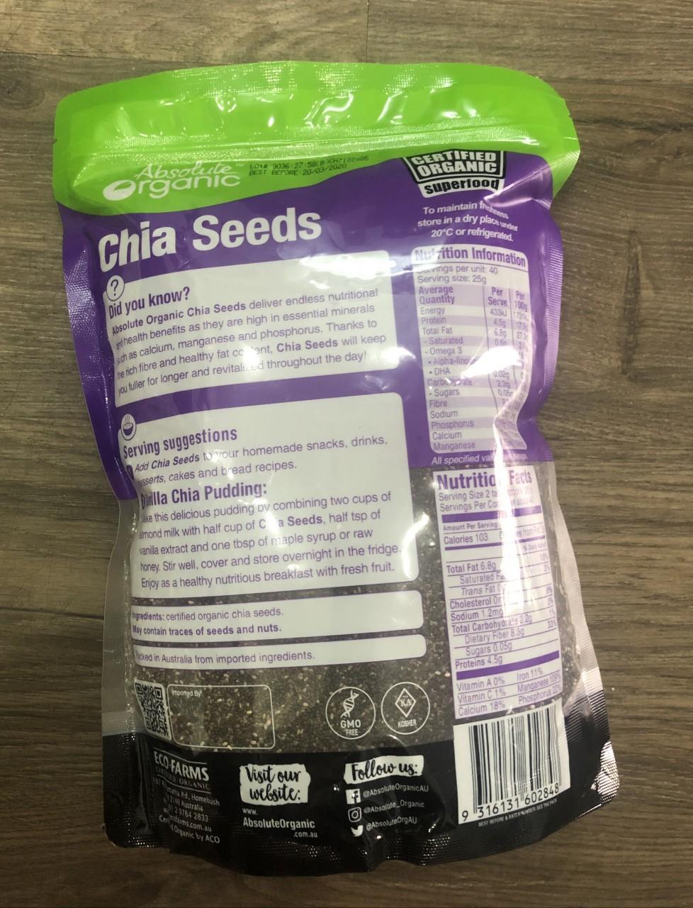 Hạt Chia Úc Hữu Cơ 1KG Nhập Khẩu Absolute Organic Chia Seeds hàng DATE MỚI LOẠI NGON Ăn Kiêng Giảm Cân Hạt Chuẩn Sạch Đều Đẹp Đủ Ký