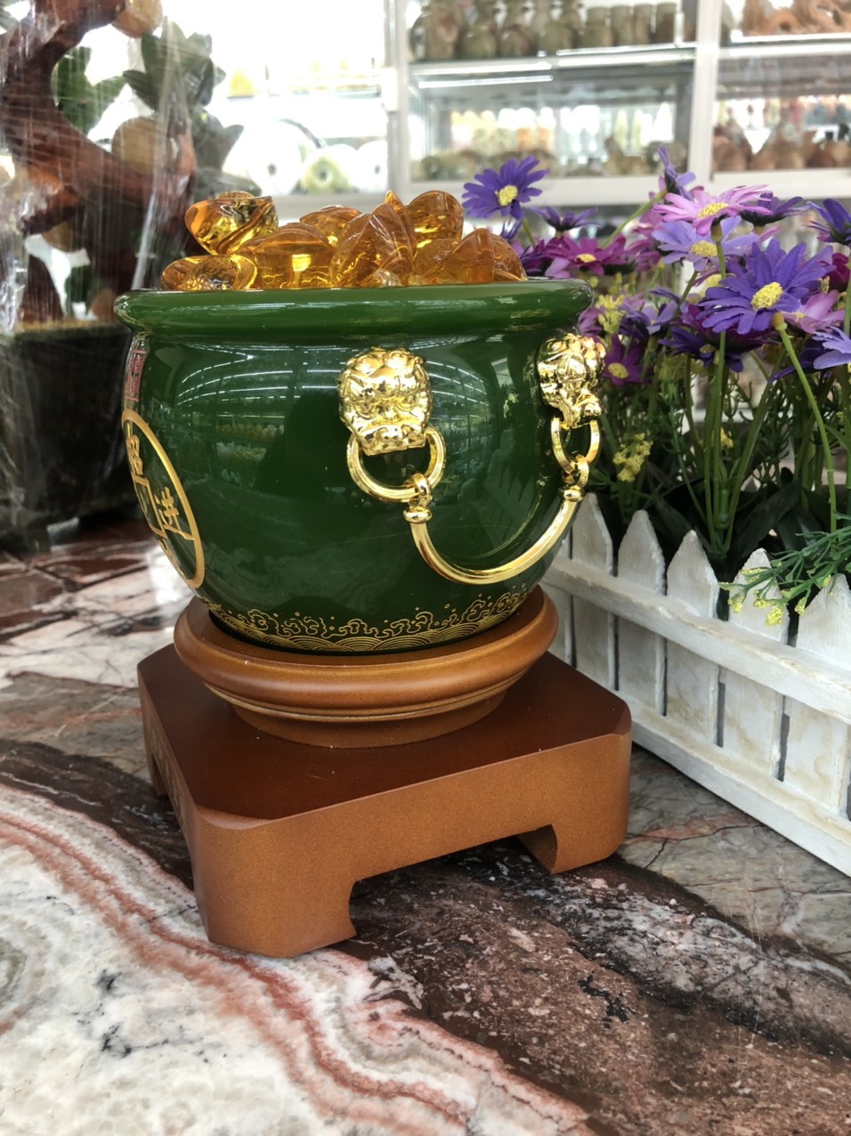 Hủ vàng, Bát Tụ Bảo, Bát tụ tài phong thủy đá ngọc cẩm thạch xanh chiêu tài lộc cho ngôi nhà của bạn - Cao 18 cm