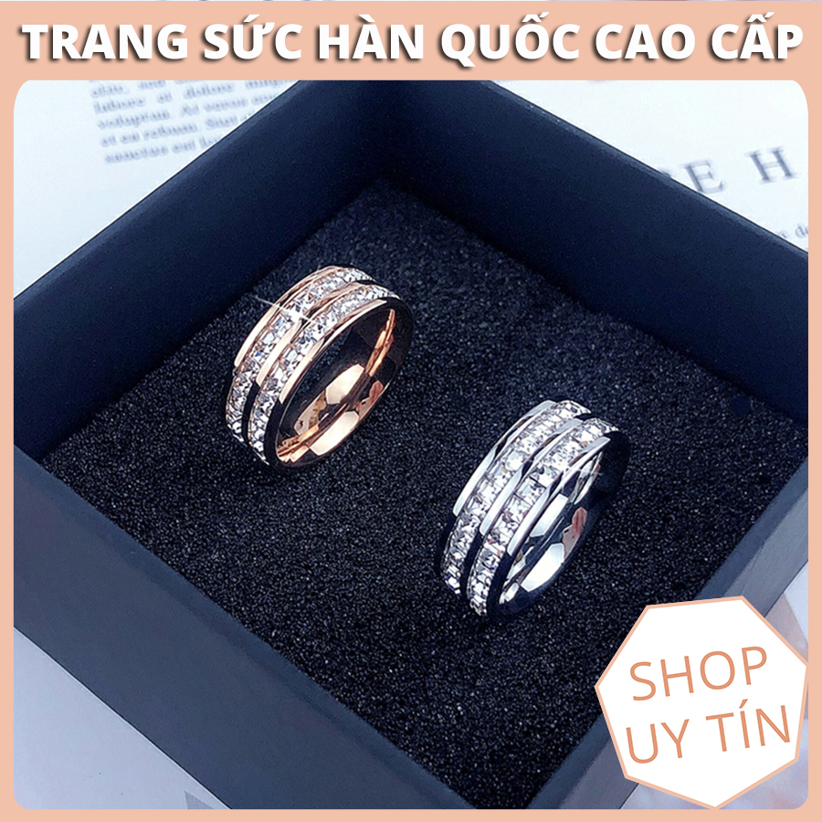 Nhẫn Đôi Nam Nữ Titan Cao Cấp Ko Đen Đính 2 Hàng Đá