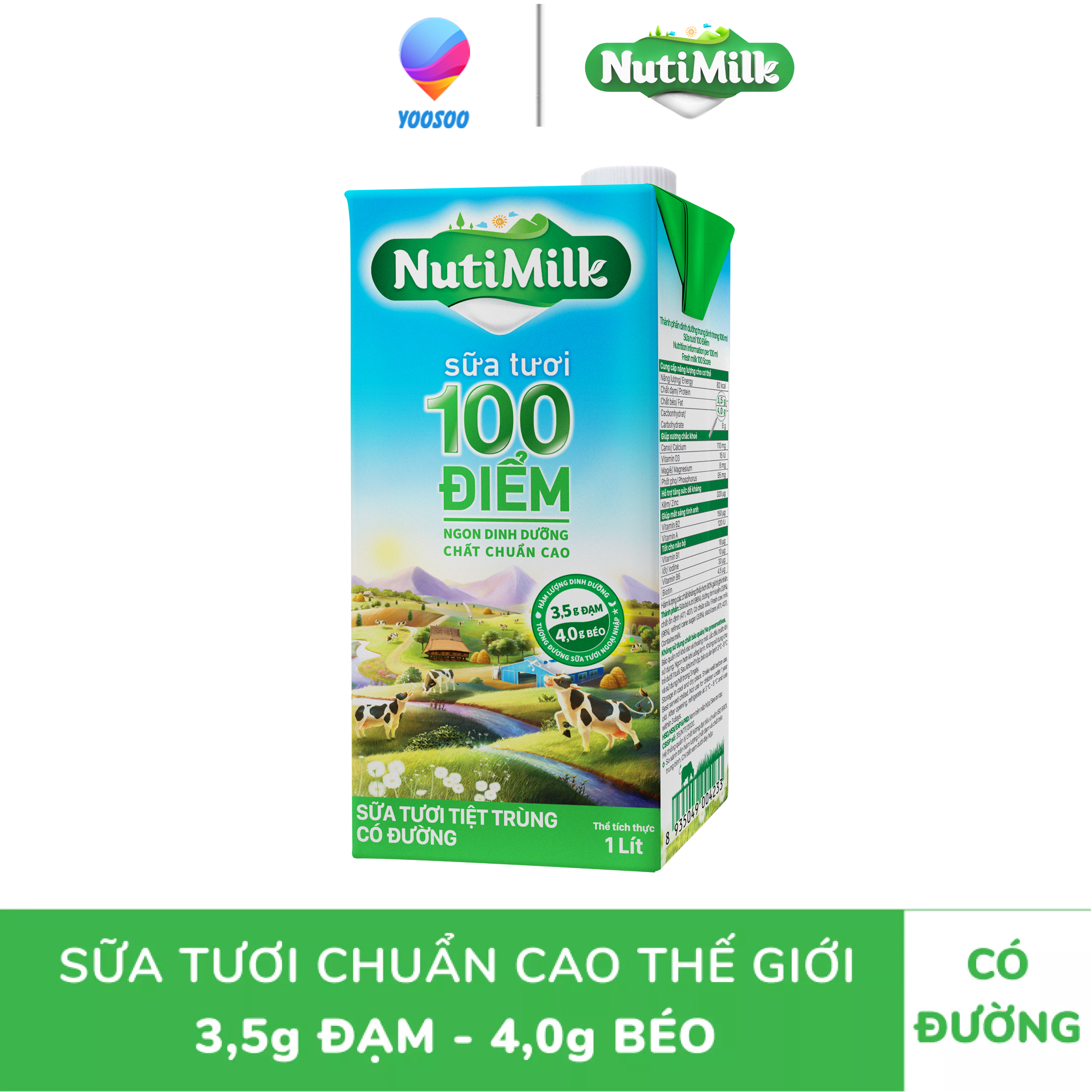 01 Hộp NUTIMILK Sữa Tươi Tiệt Trùng Có Đường 1000mL - Thương hiệu NUTIFOOD