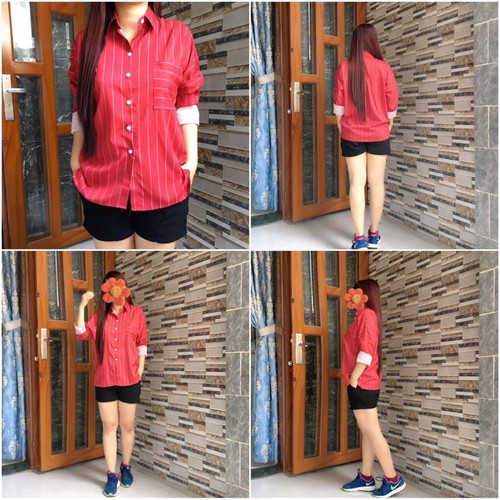 Áo sơ mi oversize nữ sọc đỏ