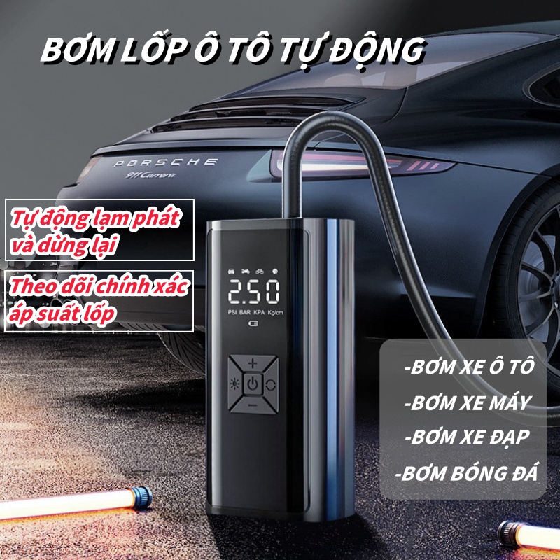 Bơm lốp ô tô tự động đa năng, pin 6000 mah, bơm lốp không dây sạc pin, bơm 2 ống đạp chân xe máy ô tô xe đạp, phao, bóng - worca