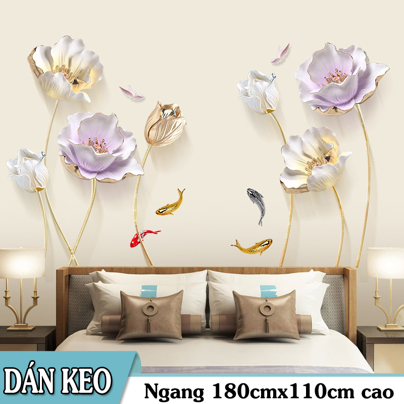 [HCM]Decal trang trí tường - Hoa Sen 3D Nhạt ( size 2 tấm )
