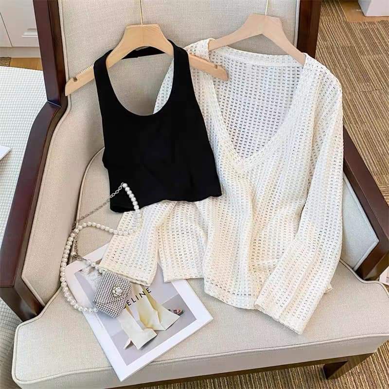 Set áo lưới cổ v dài tay form rộng mix áo yếm croptop