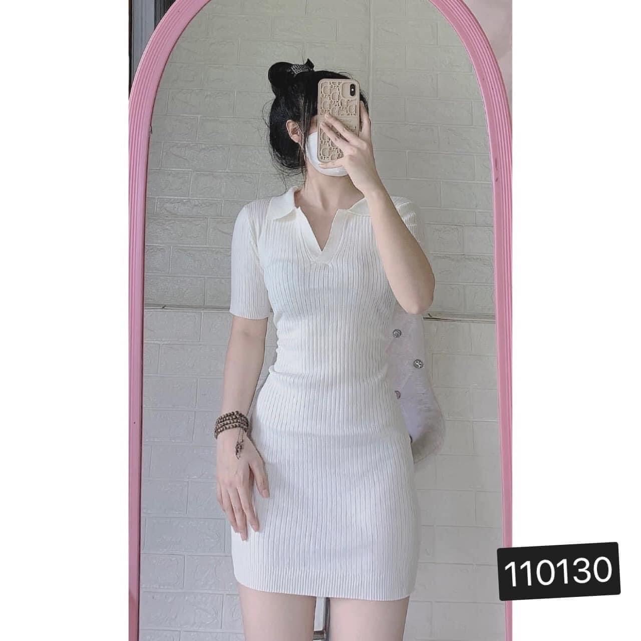 Đầm Gân Body Tay Ngắn Cổ Bẻ Trơn Basic