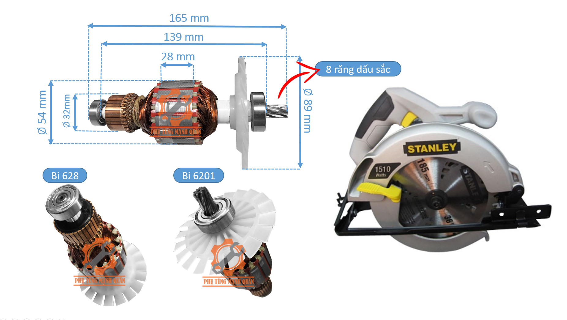 Rotor/ruột máy cưa gỗ Stanley chính hàng tặng kèm chổi than tương ứng