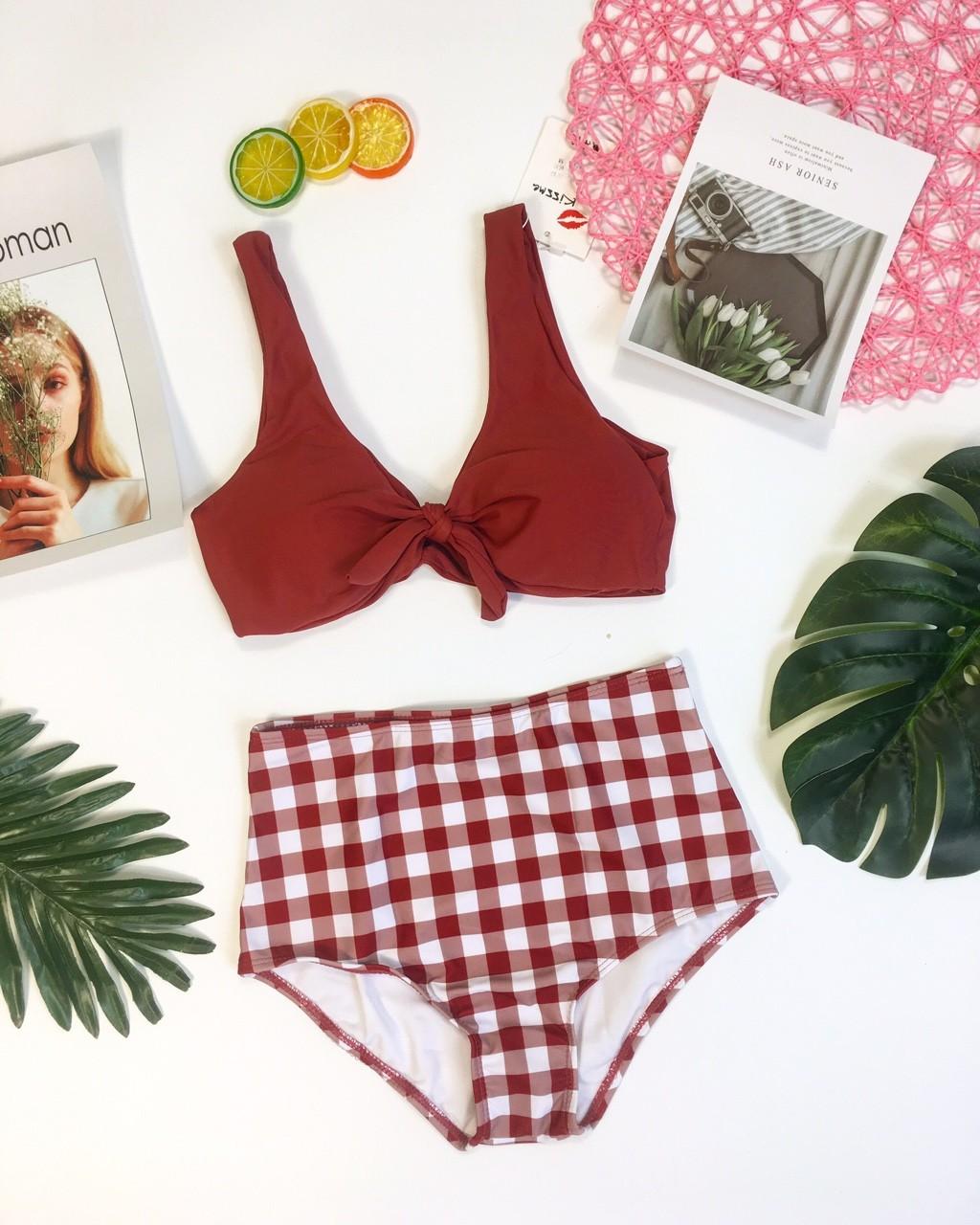 Bikini buộc nơ caro cam đất (kèm hình thât)