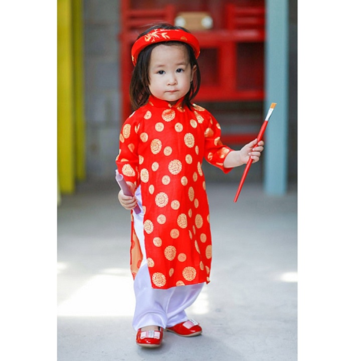 Áo Dài Đỏ xu Bé Gái _ Gấm Thái Tuấn (NÓN, quần, áo)