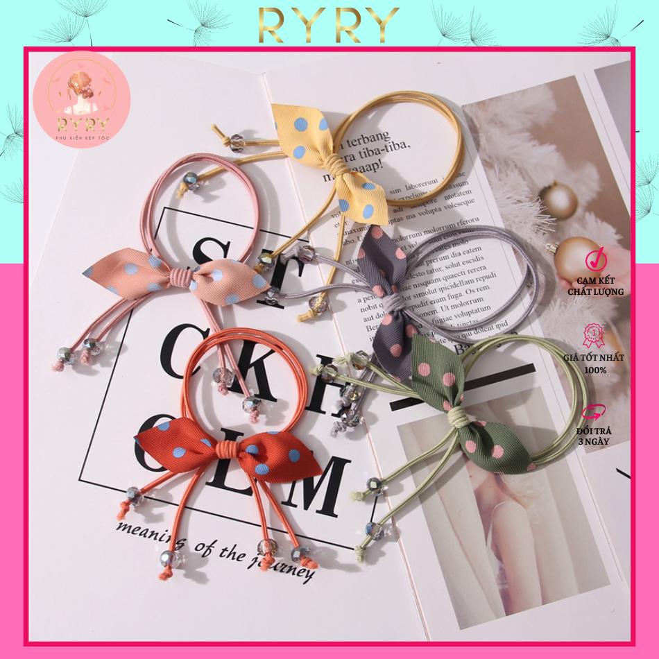 Dây Cột Tóc Nữ Nơ Ngọc Chấm Bi Xinh Xắn